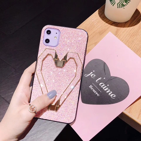 Pink Роскошный кожаный блестящий чехол для телефона с сердечком для iPhone 11 Pro XS MAX XR X 7 8 Plus, сплошной цвет, напульсник, задняя крышка - Цвет: Pink
