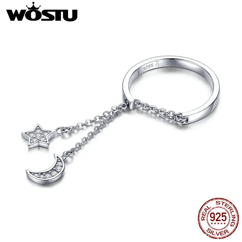 WOSTU, 925 пробы, серебряное кольцо для празднования Луны и звезды, цепочка, регулируемые кольца, прозрачный CZ палец для женщин, ювелирные изделия CQR407