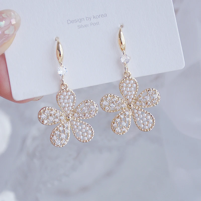 Korean Fashion 14k Plated Gold Flower Earrings for Women Micro Inlaid Zircon Pearl  Earring Wedding Engagement Bridal Jewelry