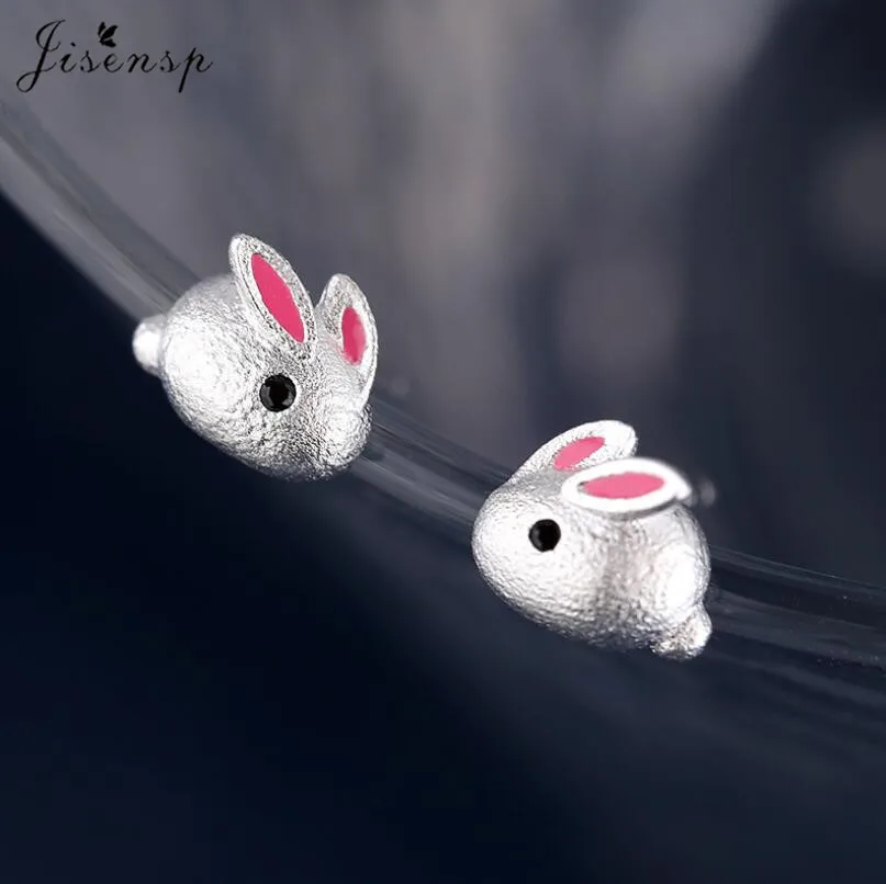 Jisensp Silver Plated Earrings Lovely Tiny Rabbit Ear Stud for Women Girls Cartoon Bunny Earring Fashion Jewelry Gift