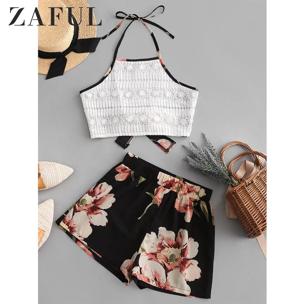 ZAFUL Кружева Панели Узлом Назад Слон Цветочный Принт Шорты Набор Без Рукавов