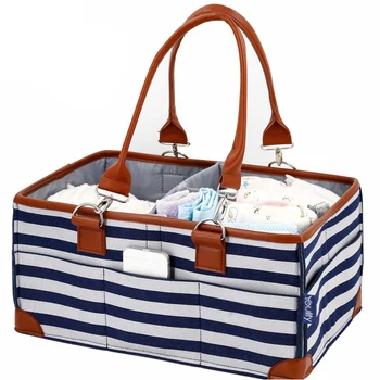 

Felt Diaper Storage Bag Stripe Printing Leather Handle Portable Convenient Hook Removable Compartment Storage Open Bag