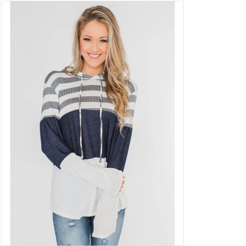 

2019 Autumn NEW Stripe Hoodie Pullover Women Patchwork Long Sleeve Drawstring Sweatshirt Sueter Feminino Ey*