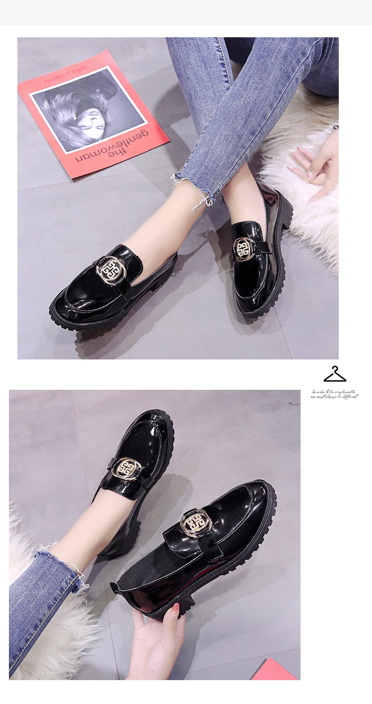 New Oxford Shoes for Women Shoes Female Flats Solid Black Patent Leather Slip on Shoes Woman Metal Buckle Ladies Shoes Plus Size