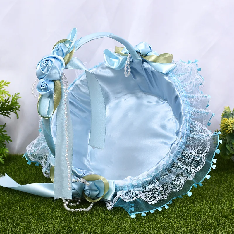 Pink Blue Flower Girl Baby Hold basket bloemenmeisje mandje Satin with Lace Wavy edge cestas de boda