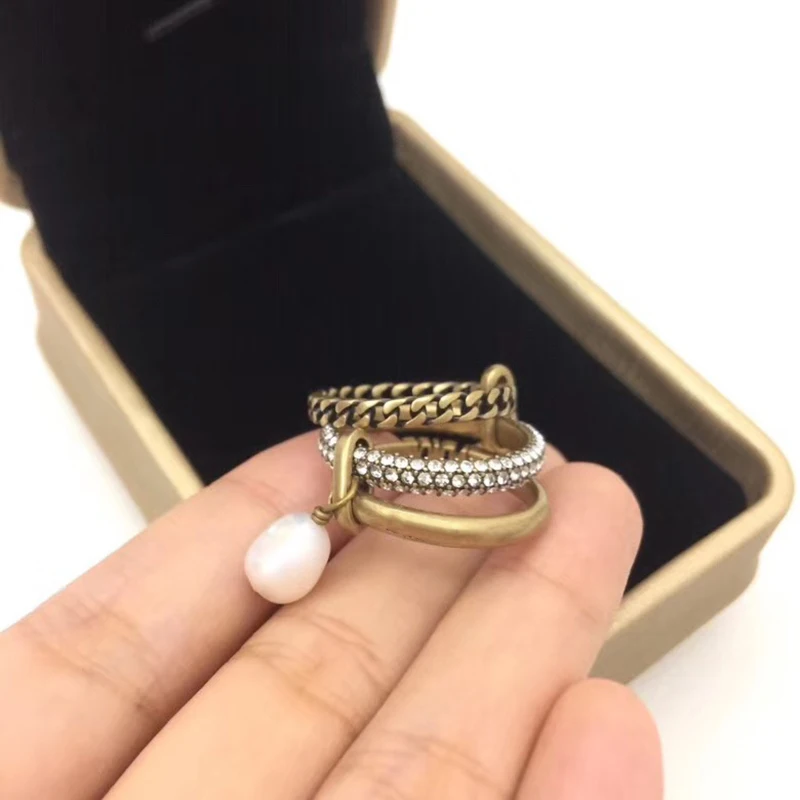

Brand Fashion Pearl Jewelry For Women Vintage Rings Drop Pearl Ring Vintage Party Rings Yellow Brass Jewelry Steam Punk Rings
