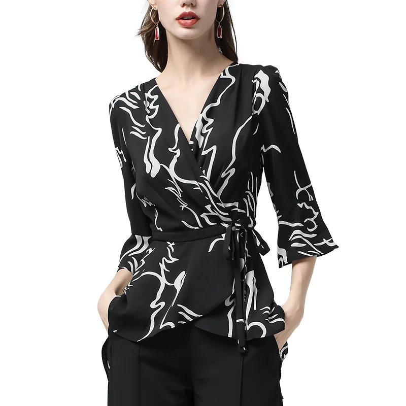 

Ladies Blouses Fashion Irregular Carve Print Long Tail Slim Top Sashes Tie Up Seven Sleeve V-Neck Elegant Office Casual Blouse
