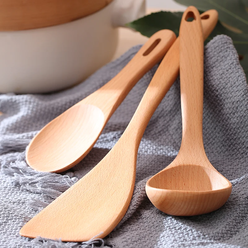 AMINNO 3 pieces Unpainted Wooden Spoon Wood-Shovel Long-handle Natural Solid Wood Non-stick Pan Cooking - Color: 3pcs