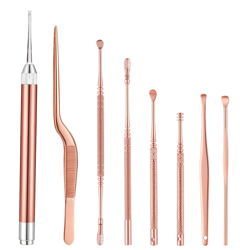 8PCS Set Ear Wax LED Light Pickers Earpick Remover Curette Earwax Cleaner Spoon Ear Care Booger Cleaning Tweezers Forceps Tool 4