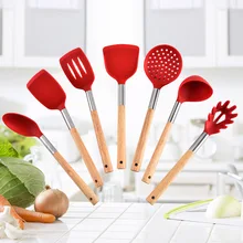 Напрямую от производителя деревянной ручкой силикагель 7-шт набор кухонных принадлежностей антипригарный горшок для приготовления пищи набор для домашней кухни