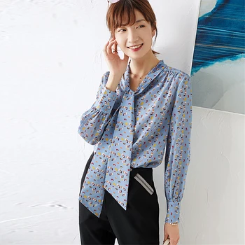 

High Quality 100% Silk Blouse Women Casual Style Shirt Floral Print Lace Up Neck Long Sleeves Elegant Tops Elegant New Fashion