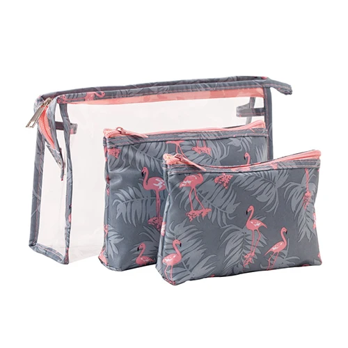 Gray Cosmetic Bag 3 шт./компл. Для женщин ПВХ прозрачная косметичка Фламинго макияж мешок кисточка для девочек Карандаш Чехол, органайзер, набор косметических мешочков, аксессуары для путешествий - Цвет: Gray Cosmetic Bag