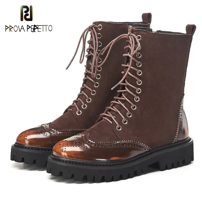 

Prova Perfetto Brown Cow Suede Botas Lace up Chunky Boots Patchwork Motorcycle Boots Winter Platform Shoes Woman Martin Boots