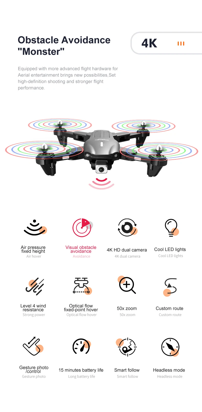 K106 Drone - 2024 New LED Light Drone 4K HD Camera Visual Obstacle Avoidance Optical Flow Positioning Foldable RC Quadcopter Boy Gifts 17 K106 Drone, axetreeigre fixed visuoiabsta