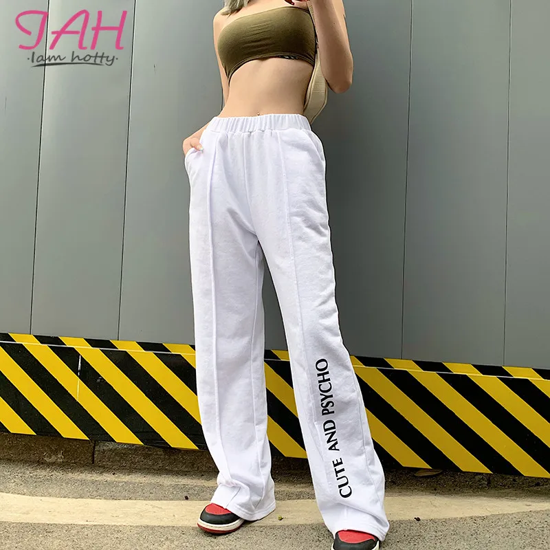 IAMHOTTY, повседневные белые штаны с высокой талией и буквенным принтом, новые модные мешковатые спортивные женские штаны для бега, свободные прямые однотонные базовые спортивные штаны