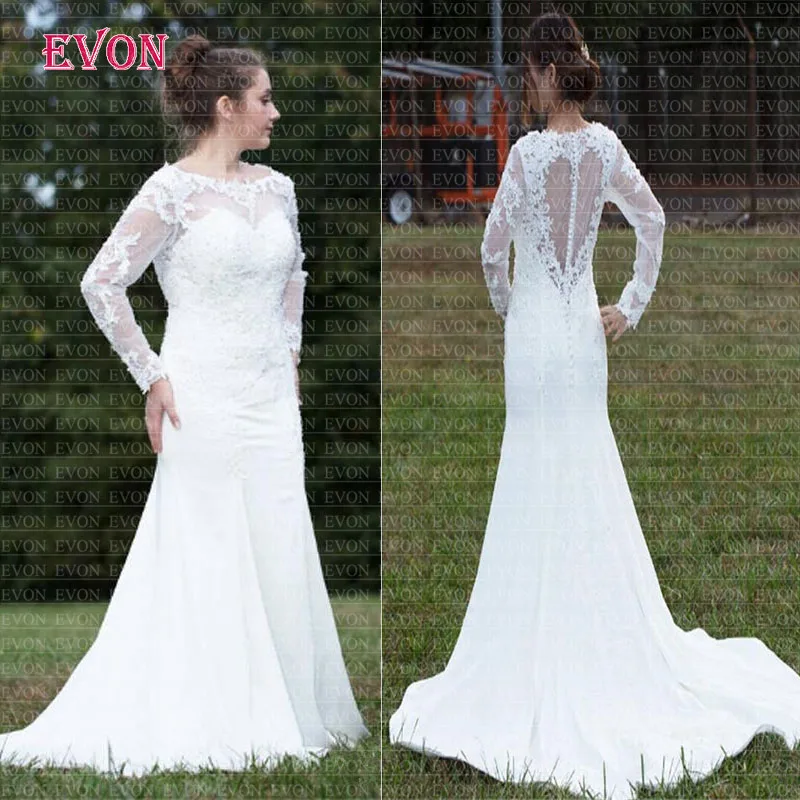 Boho Lace Mermaid Wedding Dresses Custom Made Long Sleeves Scoop Covered Buttons Heart Back Wedding Gowns Cheap Vestido De Noiva