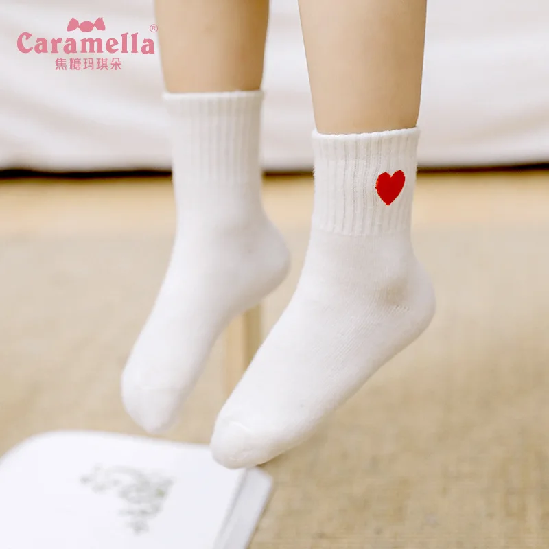 

Caramella 3Pairs Spring Summer Red Heart Embroidery Kids Socks Black White Gray Combed Cotton Short Baby Socks Comfortable