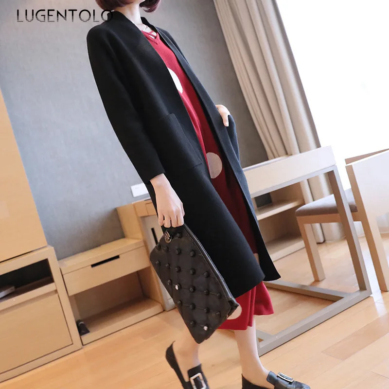 #^Special Price Lugentolo Women Long Sweater Knitted Cardigan Autumn Fashion Solid Color Wild Loose V-Neck Pockets Office Lady #^Special Price Lugentolo Women Long Sweater Knitted Cardigan Autumn Fashion Solid Color Wild Loose V-Neck Pockets Office Lady