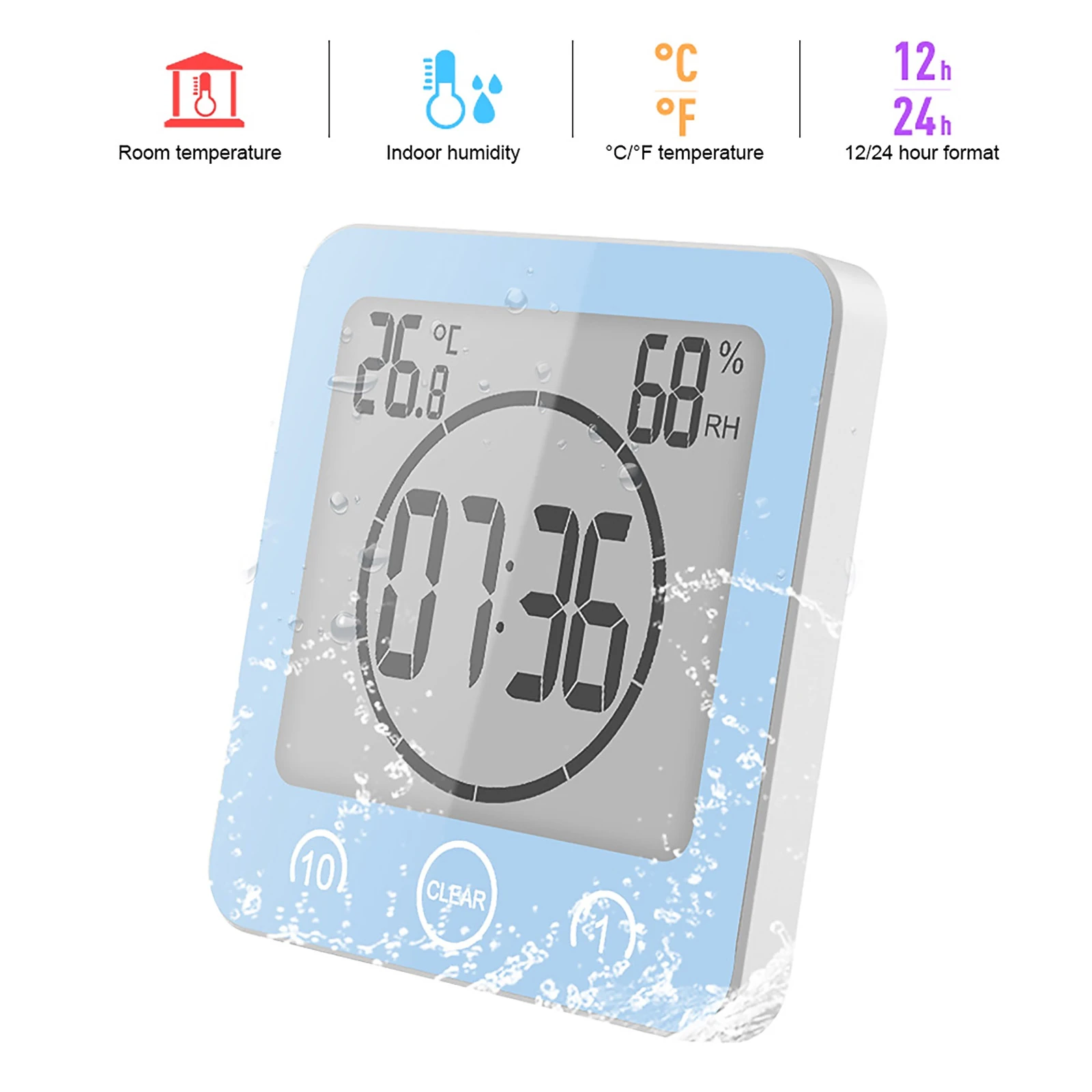 LCD Digital Waterproof For Water Splashes Bathroom Wall Clock Shower Clocks Timer Temperature Humidity Kitchen Wash Room Timers