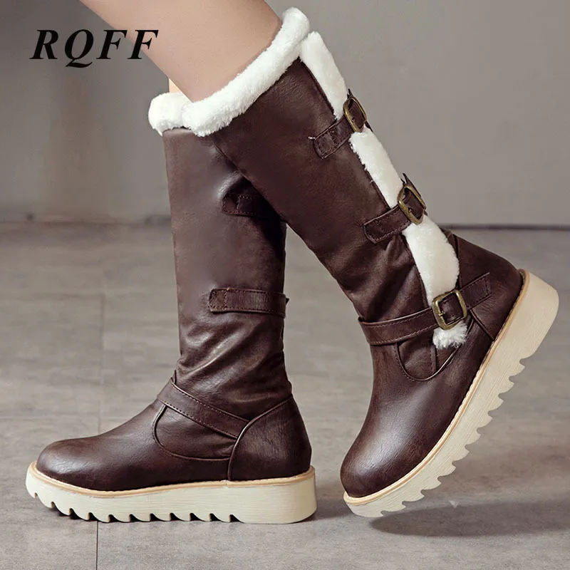 Black Autumn Winter Mid Calf Boots Women Plus Big Size 10 Snow Boot Flat With Med Heel Shoe Woman Yellow Brown Faux Fur Platform