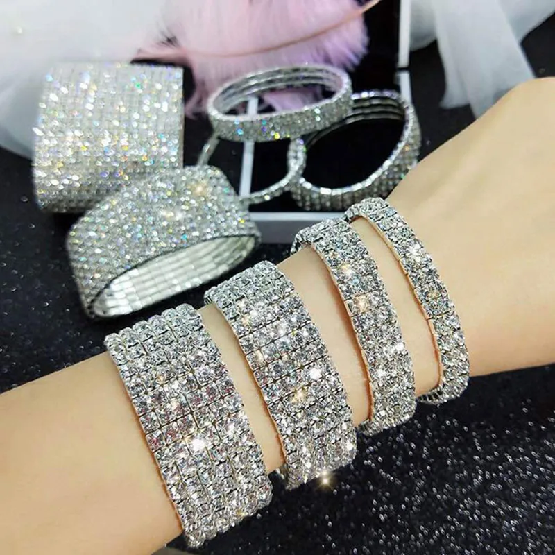 USTAR Shiny Multilayer Full Rhinestone Bracelet for Women female Silver Color Crystal Bangles Jewelry Wedding Gift | Украшения и