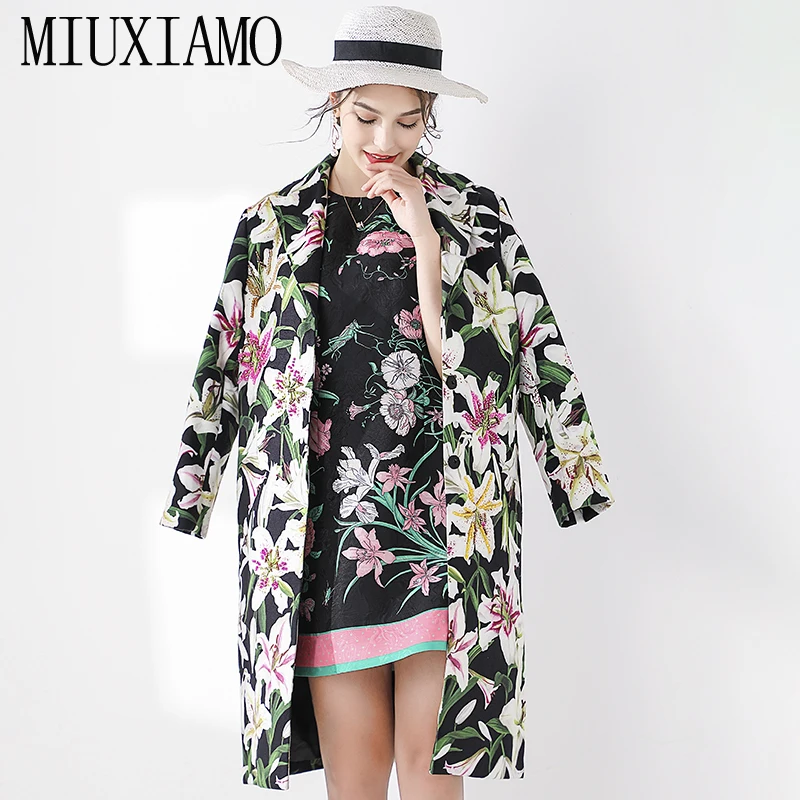 

MIUXIMAO TOP QUALITY Newest Fall Winter 2019 Runway Designer Jacket Women's Single Button Lily Print Diamonds Overcoat Vestidos