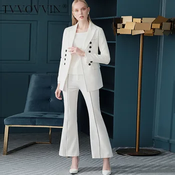 

TVVOVVIN 2020 New Spring Summer Lapel Collar Multi-row Buttons Decoration Blazer And Cropped Pants Women Office Lady Set PD824