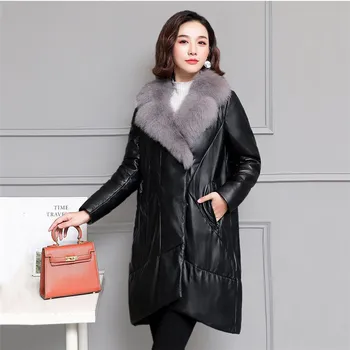 

2019 New Women's Winter Leather Coat Fox Fur Collar Leather Down Jacket Long Sheep Leather Leather Fur Warm Outer YH622