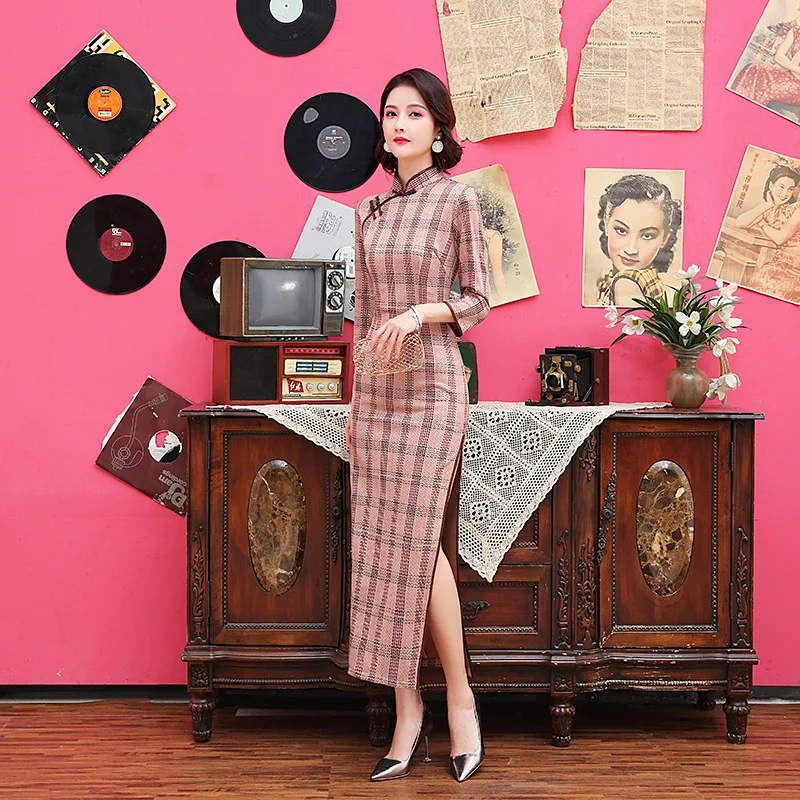 New Arrival Long Suede Vintage Ladies Chinese Style Dress Classic Qipao Stage Show Elegant Female Handmade Button Cheongsam