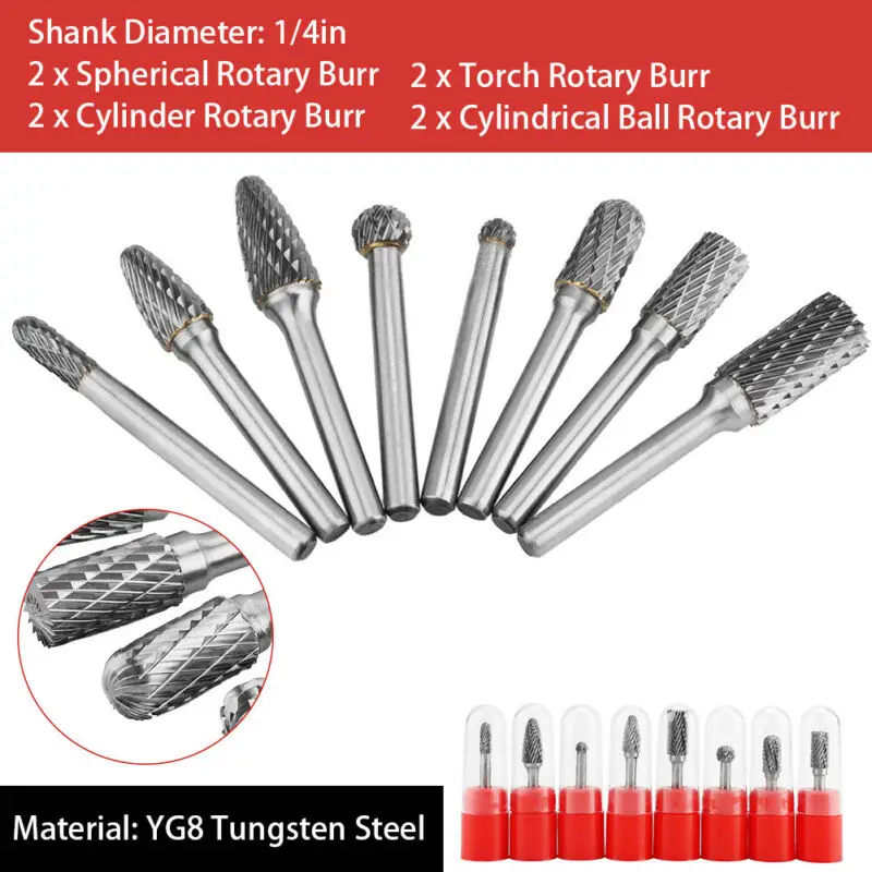 

8pcs 1/4" Shank Carbide Hss Rotary Drill Bit Rasp Burr Electric Grinder Accessories For Metal Engraving /Grinding