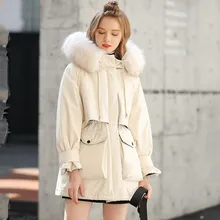 

Natural Fox Fur White Duck Down Coat Thick Parkas Warm Sash Tie Up Zipper Down Snow Outerwear Fitaylor Winter Jacket Women Large