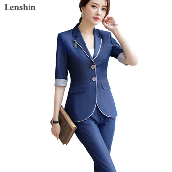 

Lenshin 2 Pieces Set Fashion Half Sleeve Pant Suit with Zipper Office Lady High Street Summer Style Jacket Ankle-Length Trouser