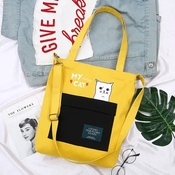 

Canvas Bag With Pocket Single Shoulder Bag Cartoon cat Shopping Bag Korean Style Student lovely Totes Bag Casual Book Bag