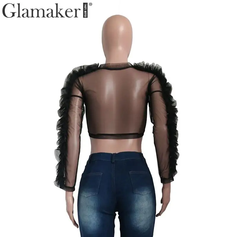 Glamaker черный готический стиль тканый кроп Топ женские, сексуальные, прозрачные клубная одежда сетчатый топ белый элегантный тонкий осенний укороченный Топ короткий