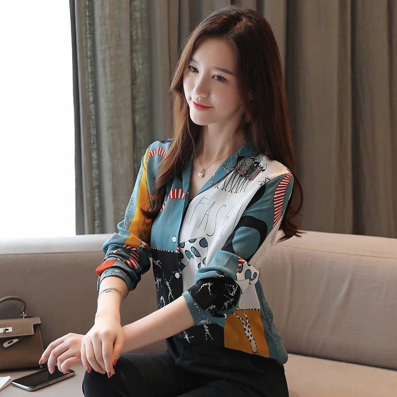 Женская рубашка с принтом, корейский стиль, женская модная шифоновая рубашка с длинным рукавом, Blusas Mujer De Moda,, Осенние офисные Топы 6098 50