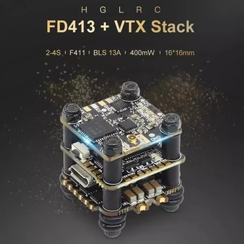 

HGLRC FD413-VTX 16x16 F411 Flight Controller & 13A 2-4S Blheli_S 4 In 1 Brushless ESC 25~400mW VTX Stack for 60-180mm Frame Kit