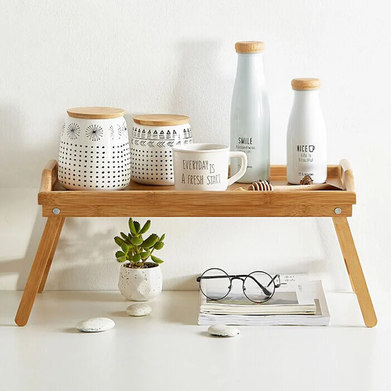 Portable Bamboo Bed Breakfast Tray Folding Laptop Desk Tea Food Serving Table Coffee Picnic Table Holder Outdoor Camping Table