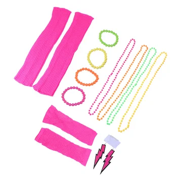 

1980s Lace Headband Neon Earrings Fingerless Fishnet Gloves Beaded Necklaces Leg Sleeves for 80's Party Wedding Decoration