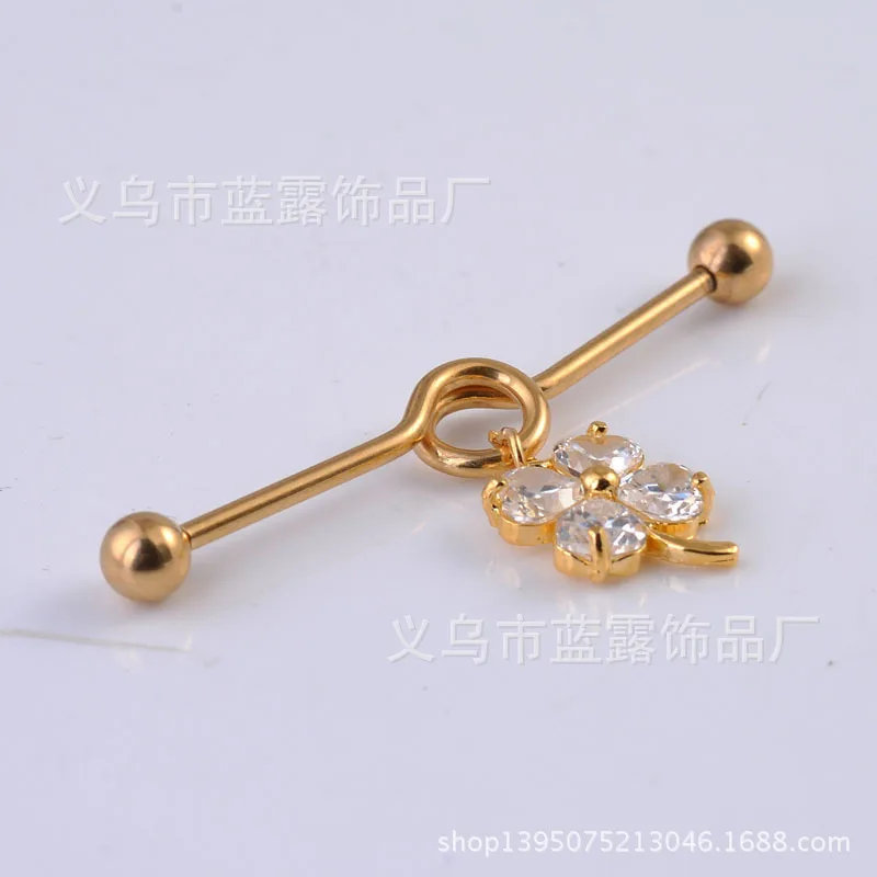 

Titanium Steel Anti-Allergy Puncture Long Ear Microlite Diatom Four Peach Heart Leaves Zircon Gold Earrings