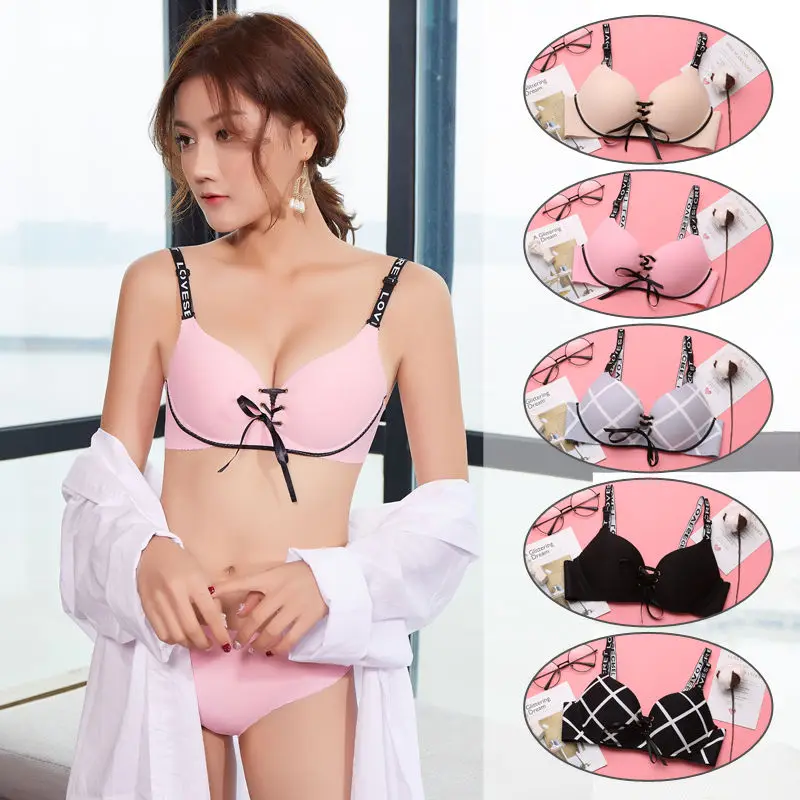 

Thin Women Bra Set Sexy Bralette Lingerie Bra Black Pink lattice Underwear Wire Free Push Up Seamless Women Bra Strap
