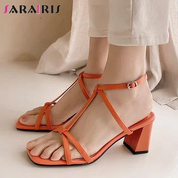 

SARAIRIS Candy Color Ladies 2020 Holiday Casual Office Sandals Summer Sandals Women T Strap High Heel Thin Belt Shoes Woman