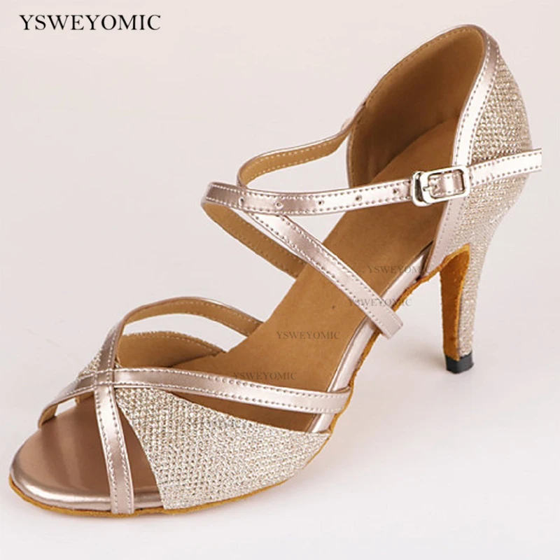 Women Ballroom Dance Shoes Gold Glitter Latin Salsa Tango Swing Rumba Waltz Peep-toe Dancing Sandals 5-10cm heel