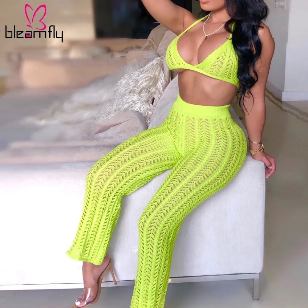 

Sexy Crochet Hollow Out Two Piece Set Women Halter Lace Up Backless Bikini Top Bodycon Pants Matching Sets Sheer Beach Outfits