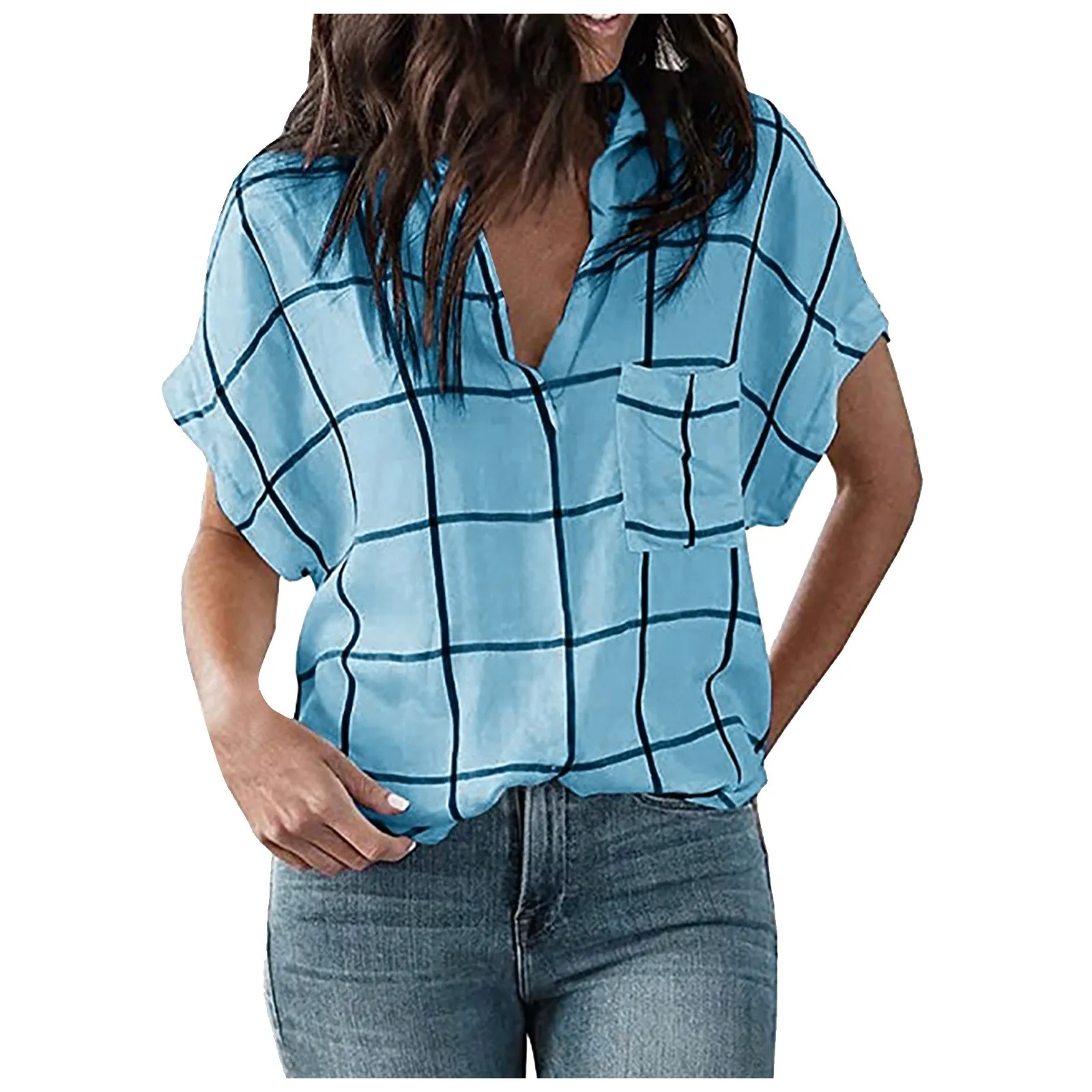 Women T Shirts Plaid Print Pocket Deep V Lapel Female Clothing Short Sleeve Tops Loose Casual Office Top Ladies Shirts Mujer 2
