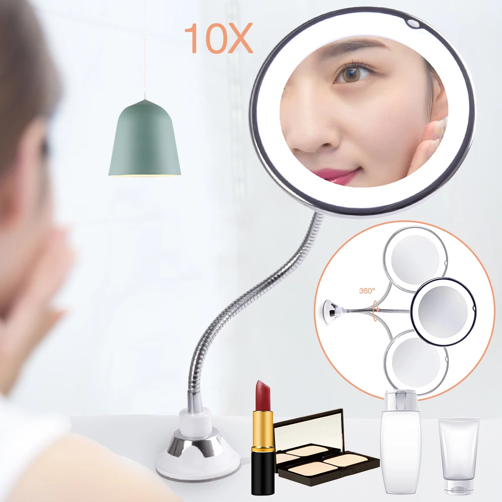 

Makeup Mirror With Adjustable LED Light 10X Magnifying Cosmetic Mirror Makeup Eyelash Brush 360 Degree Rotating Batteries Use