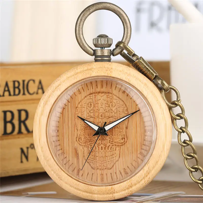 Natural Bamboo Skull Pocket Watch Quartz Analog Wooden Pendant Watches Chain Luminous Handsl fob Clock montre 1