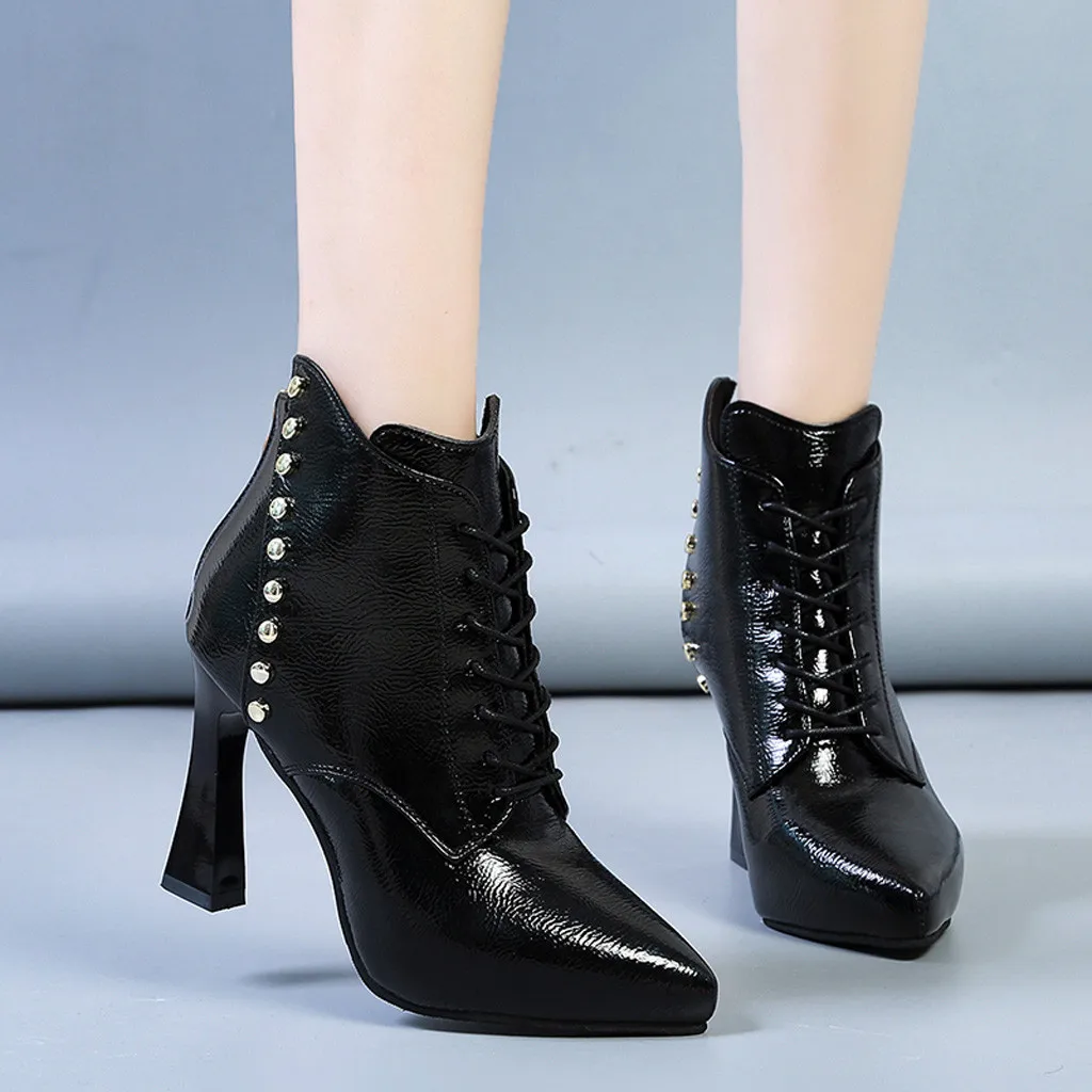 

Ankle boots for women lHigh Heel Shoes Lace-Up Pointed Toe Back Zipper Short Boots mid-heel booties female+shoes#3