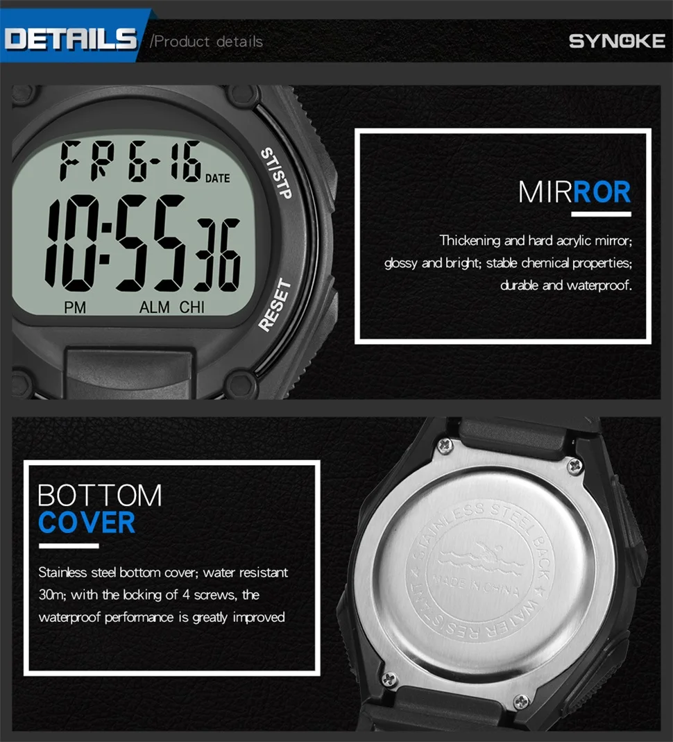 Synoke спортивные часы цифровые простые мужские часы хронограф ударопрочный повторитель акриловый стоп наручные часы модные Relogio