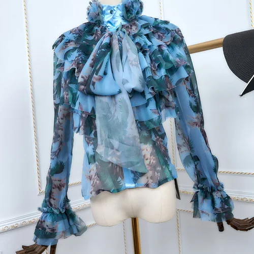 blue flower Nancylim многослойная шифоновая, с завязывающимся бантом блузка рубашка Для женщин Весна, лето, осень тонкие Блузы с длинным рукавом для девочек, топы - Цвет: blue flower