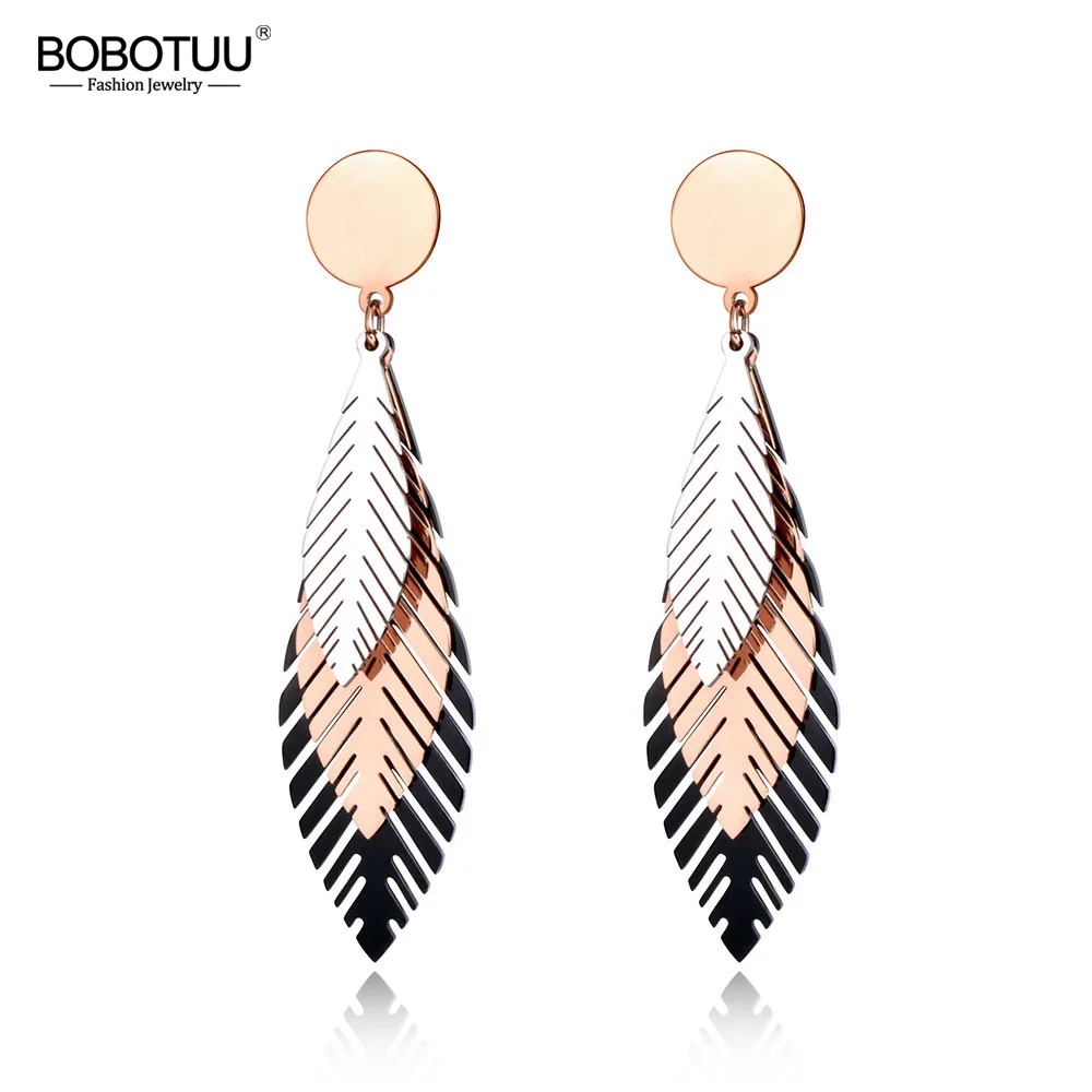 BOBOTUU элегантные Нержавеющая сталь черный/розовое золото Листья Стад Серьги Bohemia Style креативные ювелирные изделия для Для женщин Kolczyki BE19100
